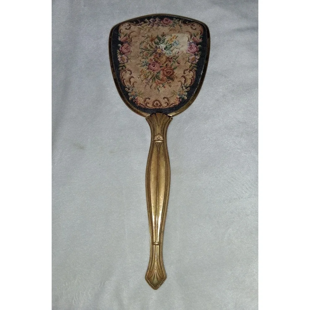 Vintage Floral Petit Point Hand Mirror Brass Tone Vanity Mirror 13.25